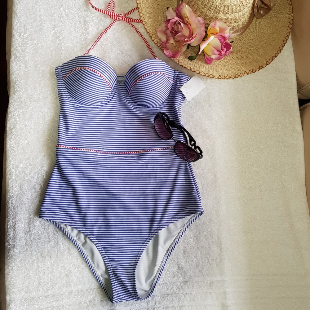 🔖HOP LUN STRIPED HALTER NECK 1PIECE SWIMSUIT, NEW